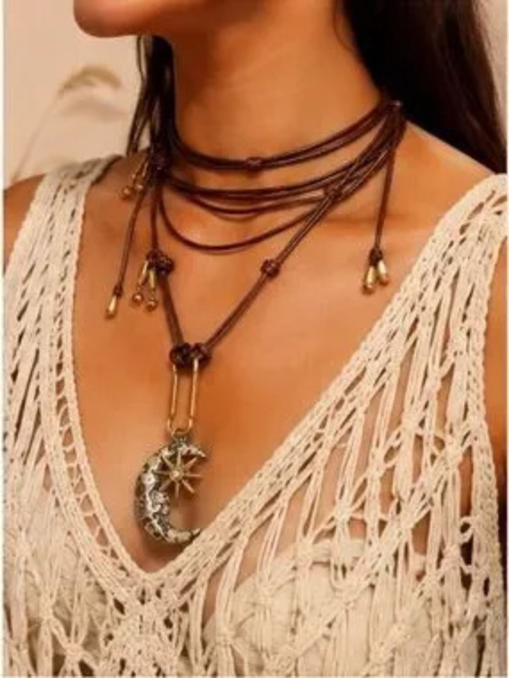 Gold Moon & Star Pendant on Brown Cord Necklace
